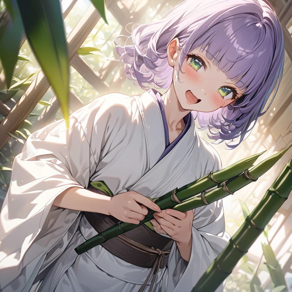 masterpiece, ultra detailed, 8K, a girl, kawaii, light atmosphere, (Cute a tsundere girl:1.5), anime visual, (tilt head:1.3), extremely delicate face, realistic lighting and shading, (an extremely delicate and beautiful art:1.3), a girl,blush,Japanese-style white colored yukata, cowboy shot, pale purple hair, blunt bangs hair, green eyes, indigo-colored Oshima Tsumugi, A girl with her mouth open and laughing, holding a bunch of bamboo leaves in her hands,
