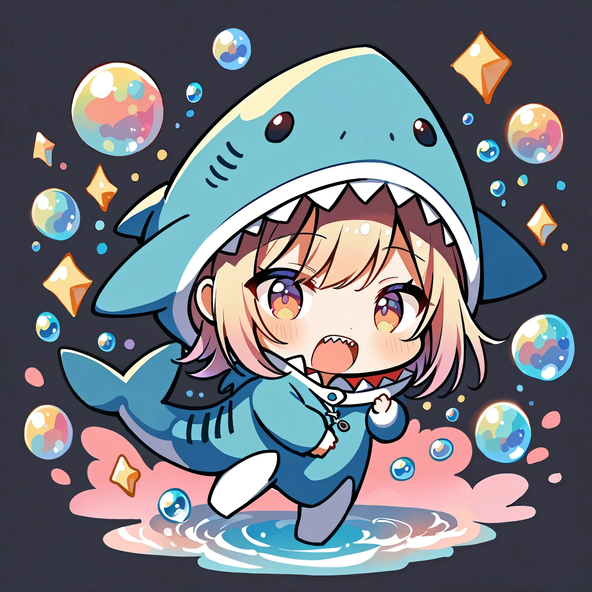 (masterpiece:1.2), (((1 Girl))), ((Chibi, Full body image))), ((Shark costume, Cute Shark Girl:1.2)), watercolor, Simple illustration, Bubble shower, Colorful water bubbles,
