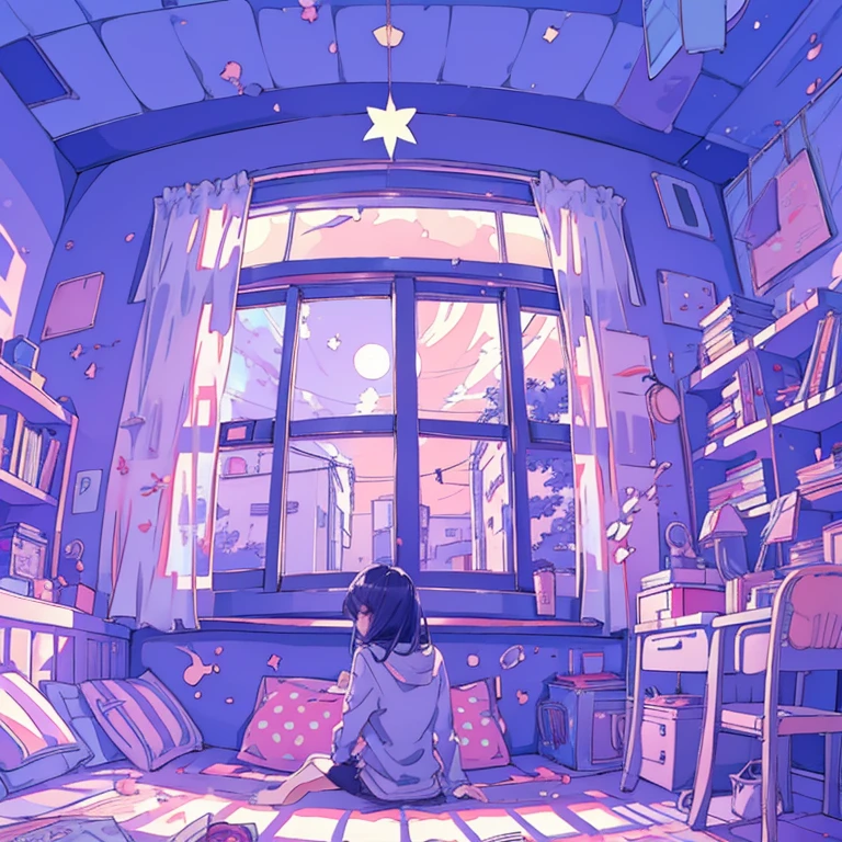A 3D anime-style scene of a girl daydreaming in her room at night. The room is softly lit with warm-colored lights, and a desk is tered with notebooks and pens. The girl is gazing out of the window at the night sky, with stars and the moon visible. The background includes bookshelves and posters, creating a cozy atmosphere. The girl is sitting on her bed, relaxed and lost in thought. The overall scene is quiet and dreamy.