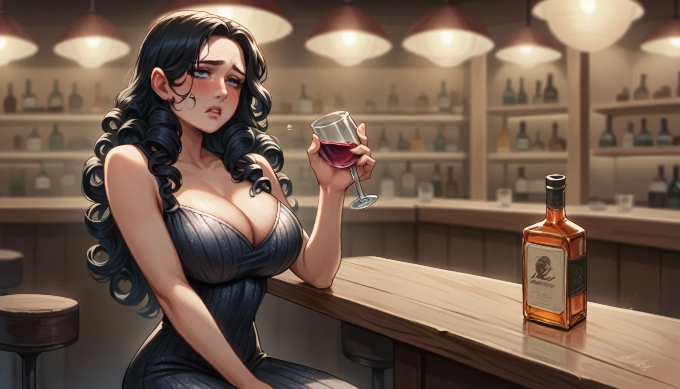 masterpiece), (best quality), (Clear focus), (Depth of Field), (woman): Solitary, (Perfect face), (Detailed clothing), (Busty),(Sad expression), beautiful woman, blue eyes, whole body, black hair, Slightly curly long hair, (Black sexy dress,Penetrate the flesh) (((((Night scene background))))), (((at the bar))), wine, whiskey, High ball,(Shiny and glowing, Effect:1.2),(best quality, 4K, high resolution, masterpiece:1.2, Extremely detailed),Large Breasts,30 years old girl,独奏,black hair,long hair,blue eyes,(drunk,blush),sitting,drinking,((Mature sexy body)),Black stockings,Black tight skirt, Mature sexy body,holding mug,counter,pub,(Fashion bar) indoors, ((Cocktail Glass) Full of colorful wine), (dimly light room), Wine Bottle, Detailed background