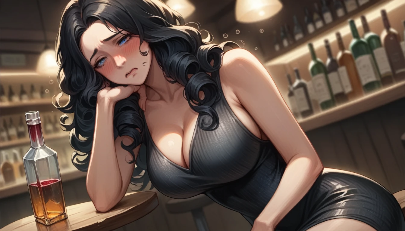 masterpiece), (best quality), (Clear focus), (Depth of Field), (woman): Solitary, (Perfect face), (Detailed clothing), (Busty),(Sad expression), beautiful woman, blue eyes, whole body, black hair, Slightly curly long hair, (Black sexy dress,Penetrate the flesh) (((((Night scene background))))), (((at the bar))), wine, whiskey, High ball,(Shiny and glowing, Effect:1.2),(best quality, 4K, high resolution, masterpiece:1.2, Extremely detailed),Large Breasts,30 years old girl,独奏,black hair,long hair,blue eyes,(drunk,blush),sitting,drinking,((Mature sexy body)),Black stockings,Black tight skirt, Mature sexy body,holding mug,counter,pub,(Fashion bar) indoors, ((Cocktail Glass) Full of colorful wine), (dimly light room), Wine Bottle, Detailed background