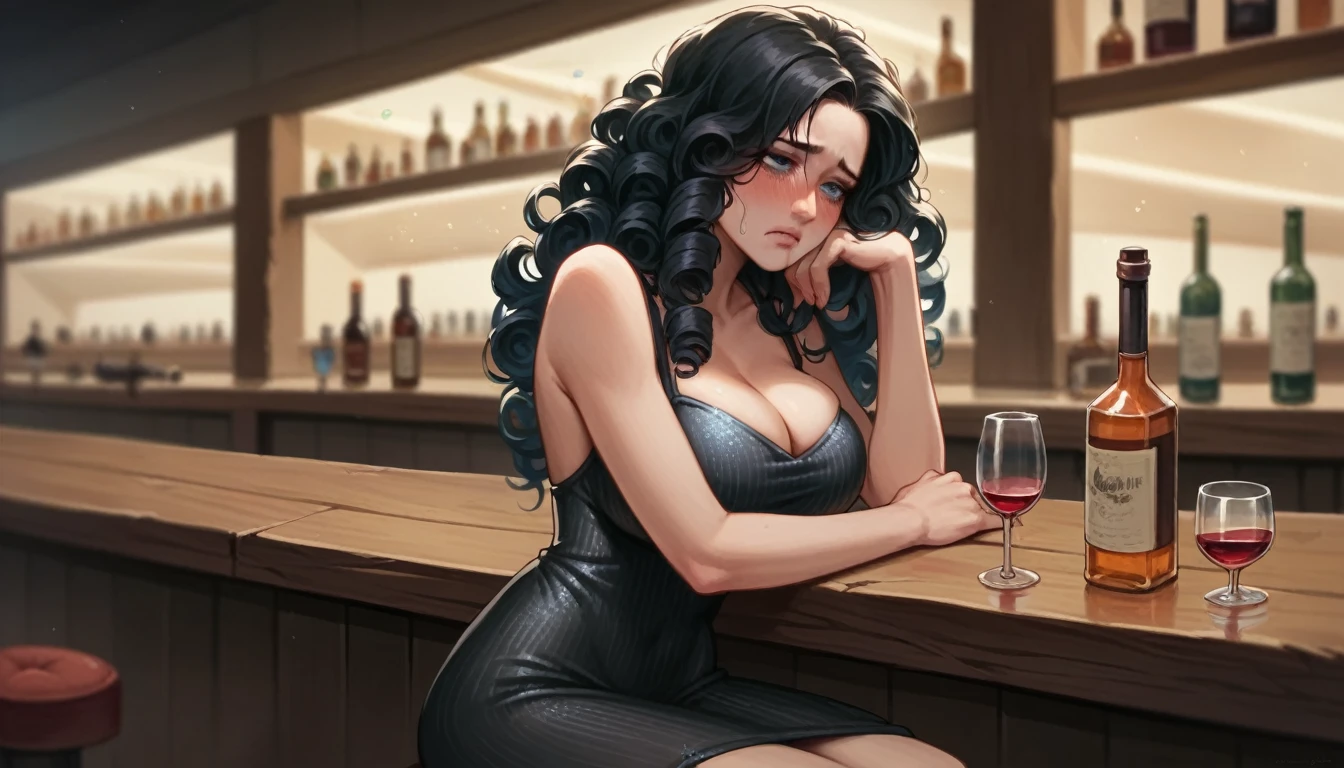 masterpiece), (best quality), (Clear focus), (Depth of Field), (woman): Solitary, (Perfect face), (Detailed clothing), (Busty),(Sad expression), beautiful woman, blue eyes, whole body, black hair, Slightly curly long hair, (Black sexy dress,Penetrate the flesh) (((((Night scene background))))), (((at the bar))), wine, whiskey, High ball,(Shiny and glowing, Effect:1.2),(best quality, 4K, high resolution, masterpiece:1.2, Extremely detailed),Large Breasts,30 years old girl,独奏,black hair,long hair,blue eyes,(drunk,blush),sitting,drinking,((Mature sexy body)),Black stockings,Black tight skirt, Mature sexy body,holding mug,counter,pub,(Fashion bar) indoors, ((Cocktail Glass) Full of colorful wine), (dimly light room), Wine Bottle, Detailed background