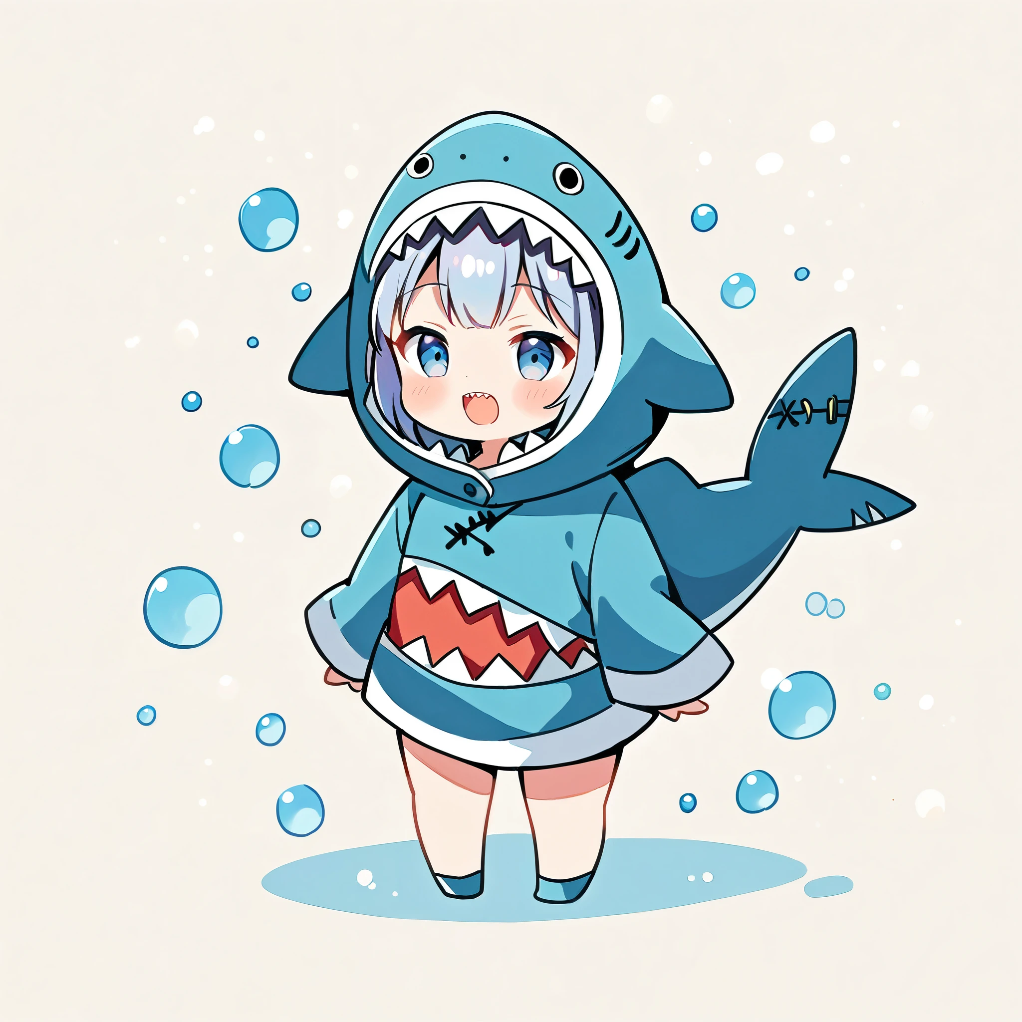 (masterpiece:1.2), (((1 Girl))), ((Chibi, Full body image))), ((Shark costume, Cute Shark Girl:1.2)), watercolor, Simple illustration, Bubble shower, Colorful water bubbles,