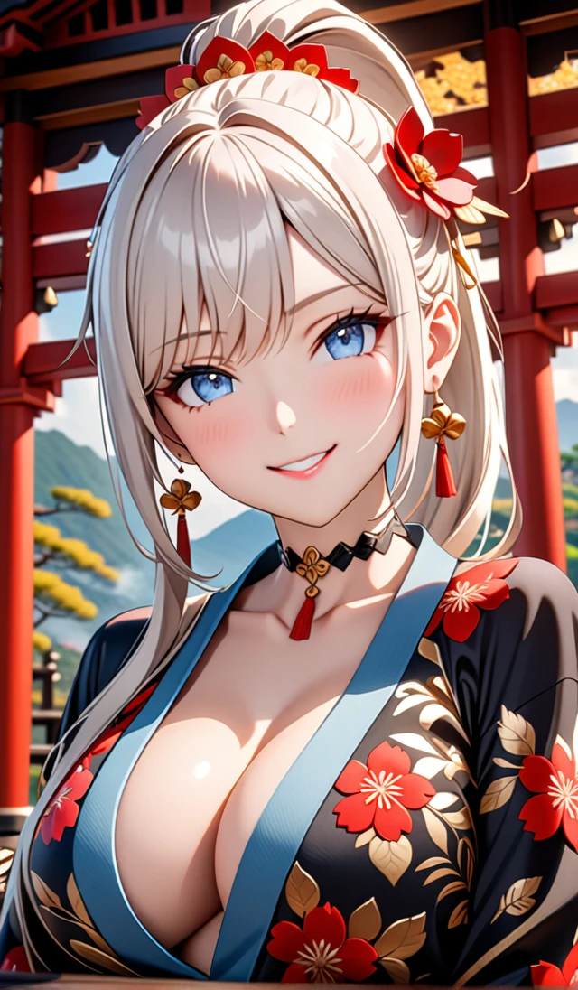 ultra-detailed, ((one girl)), hyper detailed, absurdres, 8K,Cute face, (Laugh shyly), ((teasing smile:1.8)), ((Wink:1.8)), (Laugh with your mouth wide open:1.3),(Tilt your head:1.3), (crossed arms:1.3), View your viewers, ((Bright red cheeks:1.6)),Glossy Red Lips, ((Big Breasts:1.5)) (valley), night, Shrines in the countryside, (Brighten your face), ((Anime style background)),masterpiece, Highest quality, so beautiful,Latest, Complex details, (Pink long nails), (nail art), (ring),(bracelet), (Floral Choker),AI-generated, Complex,High resolution, Highest quality, super high quality,3D Images、3D Images,One person,Long white hair,(High Ponytail), Anime woman posing for a photo, ((Fine grain, pale blue eyes, glowing eyes:1.4)), (Squint your eyes:1.1),a hyperRealistic , hyperRealistic , Realistic,Anime woman with long white hair, Smooth anime CG art, With gold embroidery、A girl in a gorgeous kimono, ((Black long sleeve kimono:1.5)),(Red large floral pattern) ,Long flower hair ornament,Floral Earrings,Mature Body,tall,Abdominal muscles,Narrow waist,((portrait:1.9)),(front view),
