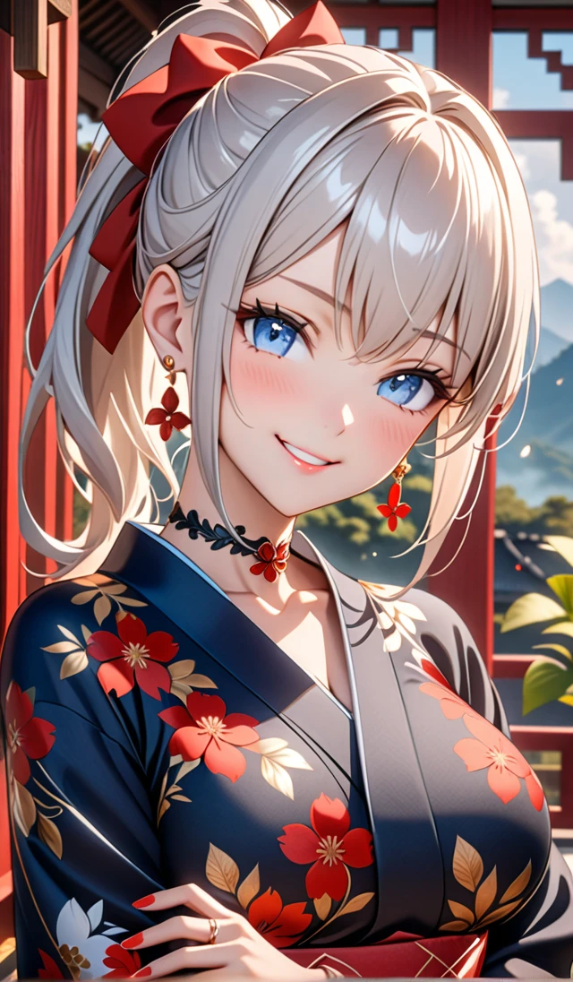ultra-detailed, ((one girl)), hyper detailed, absurdres, 8K,Cute face, (Laugh shyly), ((teasing smile:1.8)), ((Wink:1.8)), (Laugh with your mouth wide open:1.3),(Tilt your head:1.3), (crossed arms:1.3), View your viewers, ((Bright red cheeks:1.6)),Glossy Red Lips, ((Big Breasts:1.5)) (valley), night, Shrines in the countryside, (Brighten your face), ((Anime style background)),masterpiece, Highest quality, so beautiful,Latest, Complex details, (Pink long nails), (nail art), (ring),(bracelet), (Floral Choker),AI-generated, Complex,High resolution, Highest quality, super high quality,3D Images、3D Images,One person,Long white hair,(High Ponytail), Anime woman posing for a photo, ((Fine grain, pale blue eyes, glowing eyes:1.4)), (Squint your eyes:1.1),a hyperRealistic , hyperRealistic , Realistic,Anime woman with long white hair, Smooth anime CG art, With gold embroidery、A girl in a gorgeous kimono, ((Black long sleeve kimono:1.5)),(Red large floral pattern) ,Long flower hair ornament,Floral Earrings,Mature Body,tall,Abdominal muscles,Narrow waist,((portrait:1.9)),(front view),