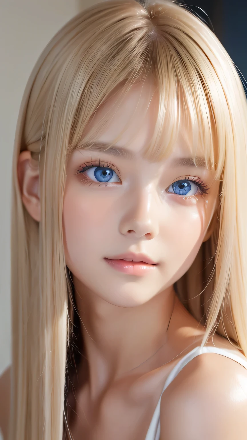 Highest quality、masterpiece、(Realistic:1.4)、One very beautiful blonde girl、Dazzlingly long, super long straight silky platinum blonde、Bangs between the eyes、bangs on the face、Big, very bright light blue eyes that shine so beautifully、Very big eyes、front、Detailed face、Beautiful Eyes、Very white and bright, beautiful skin、Small Face Beauty、14 year old beautiful girl、Cheek gloss highlighter、Round face