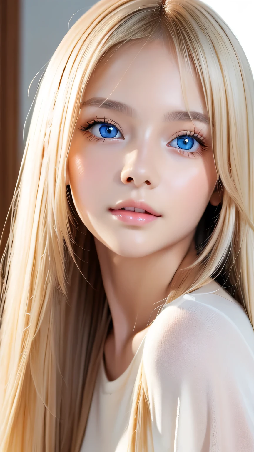 Highest quality、masterpiece、(Realistic:1.4)、One very beautiful blonde girl、Dazzlingly long, super long straight silky platinum blonde、Bangs between the eyes、bangs on the face、Big, very bright light blue eyes that shine so beautifully、Very big eyes、front、Detailed face、Beautiful Eyes、Very white and bright, beautiful skin、Small Face Beauty、14 year old beautiful girl、Cheek gloss highlighter、Round face