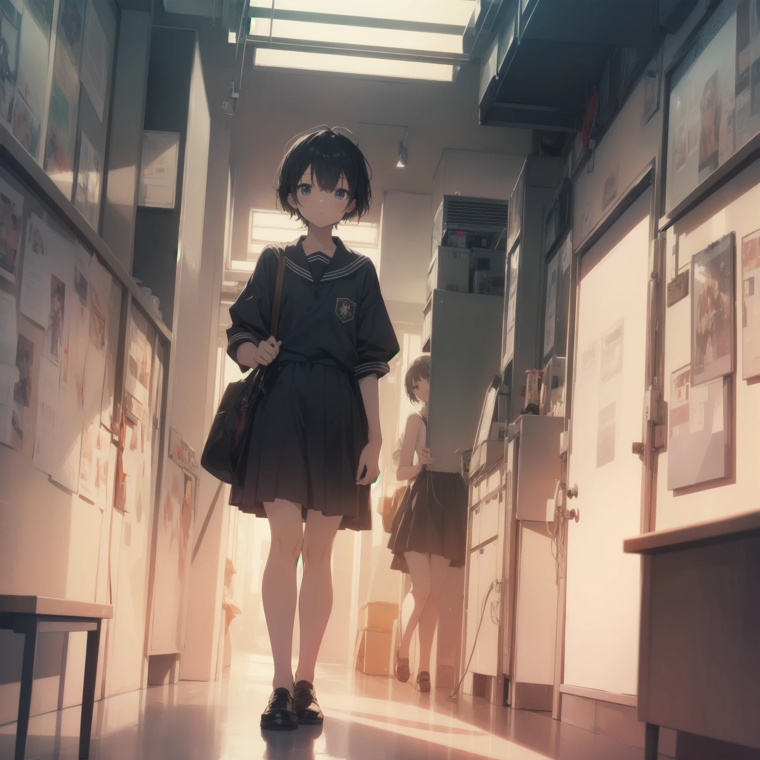 ultra-absurdres-Top quality by artist God, ultra-detailed, high resolution, anime moe artstyle, best anime 8k konachan wallpaper, pixiv contest winner, pool:2810, perfect anatomy,break, 1girl, (Please draw a girl walking sleepily to school alone. )break,(Solo,little female, 13-year-old:1.3),Full limbs, complete fingers,a junior high school student, (very short hair), short cut, flat chest, , small butt, small black eyes, beautiful detailed eyes, well-proportioned iris and pupils, expressive eyes, highres detailed hair, soft expression, salor school_uniform, sailor collar, serahuku, bow, pleated skirt,(Detailed Lighting), (Detailed background), in the School commute route. break,dewy skin, perspiration on the skin,skin texture, fine lines, pores, natural imperfections,light reflections, glossy skin, shiny skin,break, Best cinematic lighting powered by famous artist, 8k,beauty illustration,photoshop_(medium),very aesthetic,break,((artist:enkyo_yuuichirou )), artist:clamp ,artist:carnelian ,artist:kantoku ,
