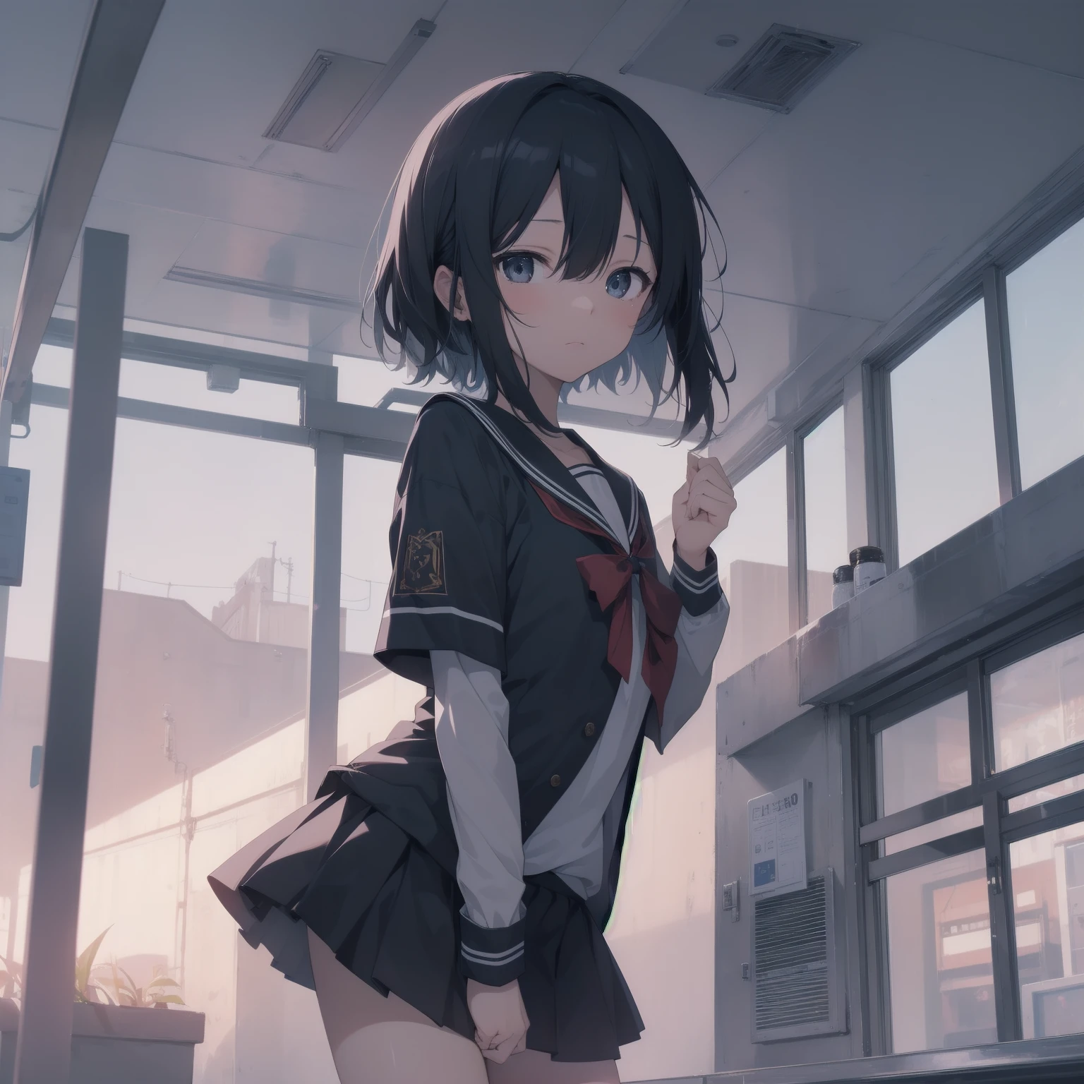ultra-absurdres-Top quality by artist God, ultra-detailed, high resolution, anime moe artstyle, best anime 8k konachan wallpaper, pixiv contest winner, pool:2810, perfect anatomy,break, 1girl, (Please draw a girl walking sleepily to school alone. )break,(Solo,little female, 13-year-old:1.3),Full limbs, complete fingers,a junior high school student, (very short hair), short cut, flat chest, , small butt, small black eyes, beautiful detailed eyes, well-proportioned iris and pupils, expressive eyes, highres detailed hair, soft expression, salor school_uniform, sailor collar, serahuku, bow, pleated skirt,(Detailed Lighting), (Detailed background), in the School commute route. break,dewy skin, perspiration on the skin,skin texture, fine lines, pores, natural imperfections,light reflections, glossy skin, shiny skin,break, Best cinematic lighting powered by famous artist, 8k,beauty illustration,photoshop_(medium),very aesthetic,break,((artist:enkyo_yuuichirou )), artist:clamp ,artist:carnelian ,artist:kantoku ,
