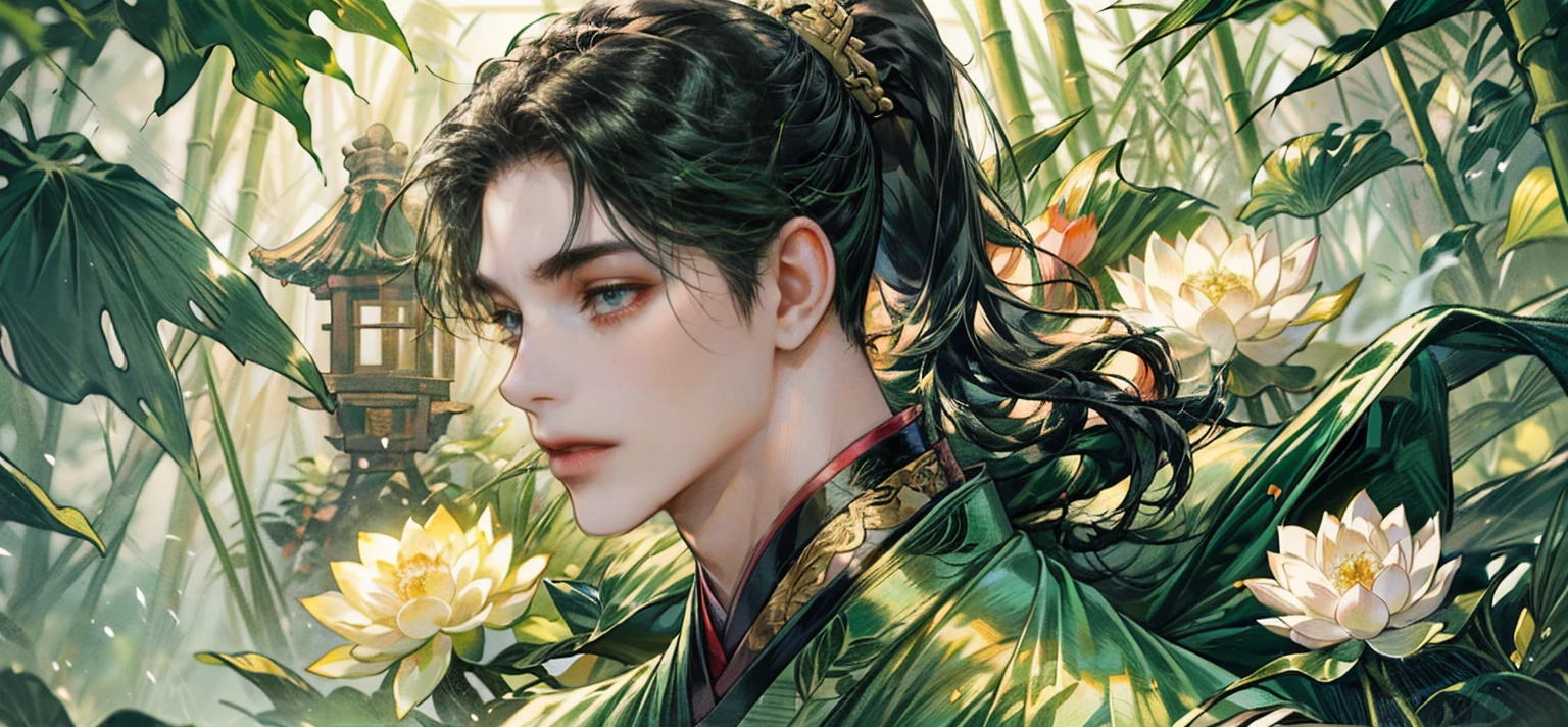 (((best quality))),masterpiece,ultra high resolution,extraordinarily beautiful youth, a bright, villains smile,All green clothing,((boy 24 year old, green hanfu,green clothing, Chinese shirt style)) ,boy character ,((Thick black long hair)),beautiful face,detailed interior, detailed boy,((man)),(in bamboo forest), house China style, pure white lotus,beautiful and cute boy ,black eyes,((solo man)),(he has a Big eyes, charming lips, slim nose and small face),(slim figures ),ponytail and 冠, Hiogi fan,Japanese fan ,very long hair, thick hair, black hair