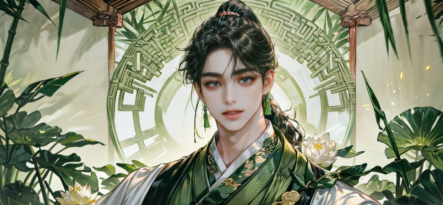 (((best quality))),masterpiece,ultra high resolution,extraordinarily beautiful youth, a bright, villains smile,All green clothing,((boy 24 year old, green hanfu,green clothing, Chinese shirt style)) ,boy character ,((Thick black long hair)),beautiful face,detailed interior, detailed boy,((man)),(in bamboo forest), house China style, pure white lotus,beautiful and cute boy ,black eyes,((solo man)),(he has a Big eyes, charming lips, slim nose and small face),(slim figures ),ponytail and 冠, Hiogi fan,Japanese fan ,very long hair, thick hair, black hair 