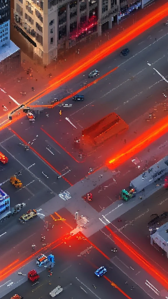 Straight road running through the center of the city, game concept, game map, pixel, pixel art, (straight road:1.2), paved road, vertical, bird's eye view, modern city, modern buildings, post-apocalypse, front projection