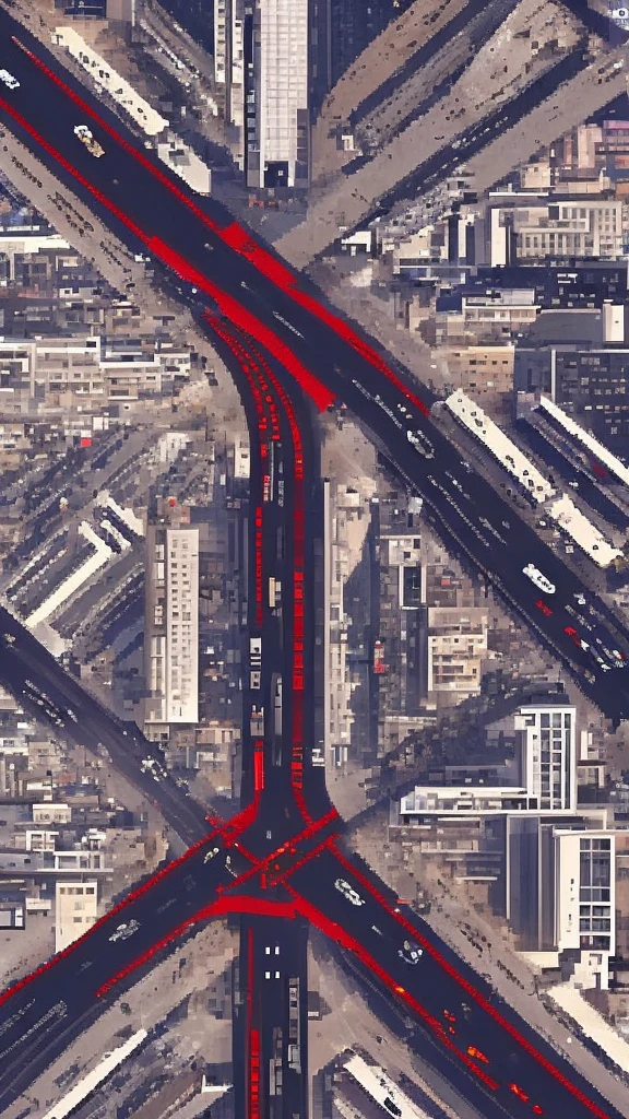 Straight road running through the center of the city, game concept, game map, pixel, pixel art, (straight road:1.2), paved road, vertical, bird's eye view, modern city, modern buildings, post-apocalypse, front projection
