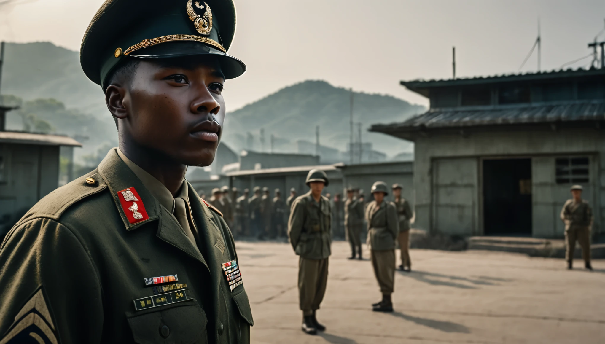 A young black man in an army uniform during the Korean War, standing tall and proud with a backdrop of a military base. The year is 1951-1953, and he is a private first class. cinematic action, cinematic lighting, backlighting, masterpiece, anatomically correct, textured skin, super detail, 8k atmospheric perspective, depth of field,
