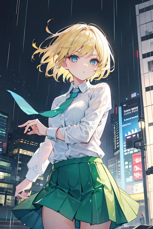 One girl, Blonde, short hair, blue eyes, White shirt, Green tie, Green Skirt, city, rain, Detailed Background, Combat posture