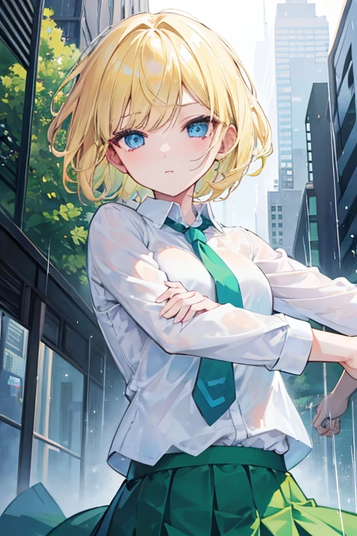 One girl, Blonde, short hair, blue eyes, White shirt, Green tie, Green Skirt, city, rain, Detailed Background, Combat posture