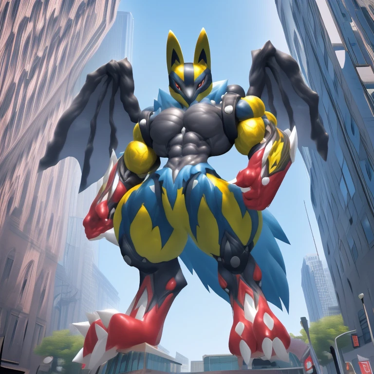 (Solo. masterpiece. official art. 8k. best quality. detailed full body. full body.)
(situation 1 : dominating Shiny_Mega_Lucario. Shiny_Mega_Lucario is over 1000 meters long. focus GIANT mechanical Muscular Shiny_Mega_Lucario is trampling the city. Looking down. macro. stomp. Low-angle perspective. emphasizing the immense size. He is much bigger than a skyscraper. Giga Giants. looking down. foot focus, (soles:1.2))
(situation 2 :smoke and flames rising from the destruction in the city)
(Additional details 1: wearing a full-face helmet. golden armor. high-tech bio-mecha armor. real texture material. whole body shines like metal. emphasizes the muscles. suit fully made of metal. intricate armor. Robotic suit. suit fully made of metal.).
(Additional details 2: (Detailed head. Detailed Body. Detailed abs. gigantic muscles. HYPER MUSCLES. Gigachad Muscular. big muscle. pecs. triceps. traps. unusually developed muscular body. body full of huge muscles. showing off muscles. pectorales enormes. Exaggeratedly huge muscles. huge muscles. long legs. abs.).
(Additional details 3: Spread wings. It has wings. have big wings. The claws are sharp. Sharp teeth.).