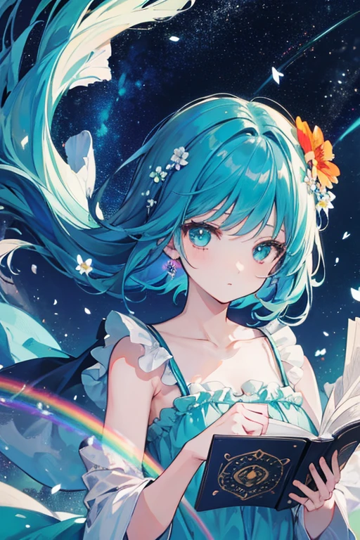 (Highest quality, masterpiece), One girl, Reading a book, particle, Wind, flower, Upper Body, Simple Background, View your viewers, Rainbow Hair, Teal short floating dress, universe, nebula, Milky Way