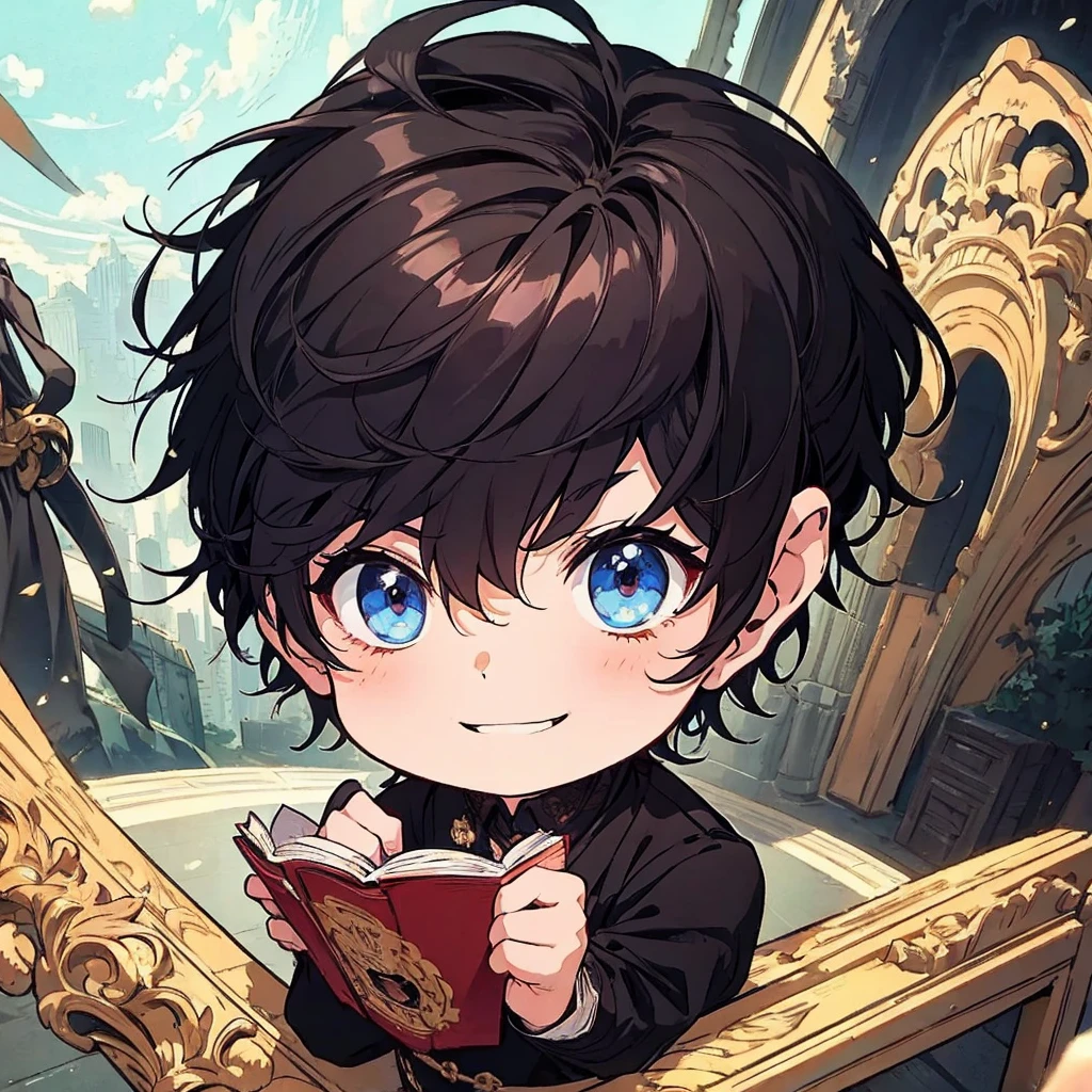 masterpiece , best quality , man , reading , chibi anime boy , smile , black hair