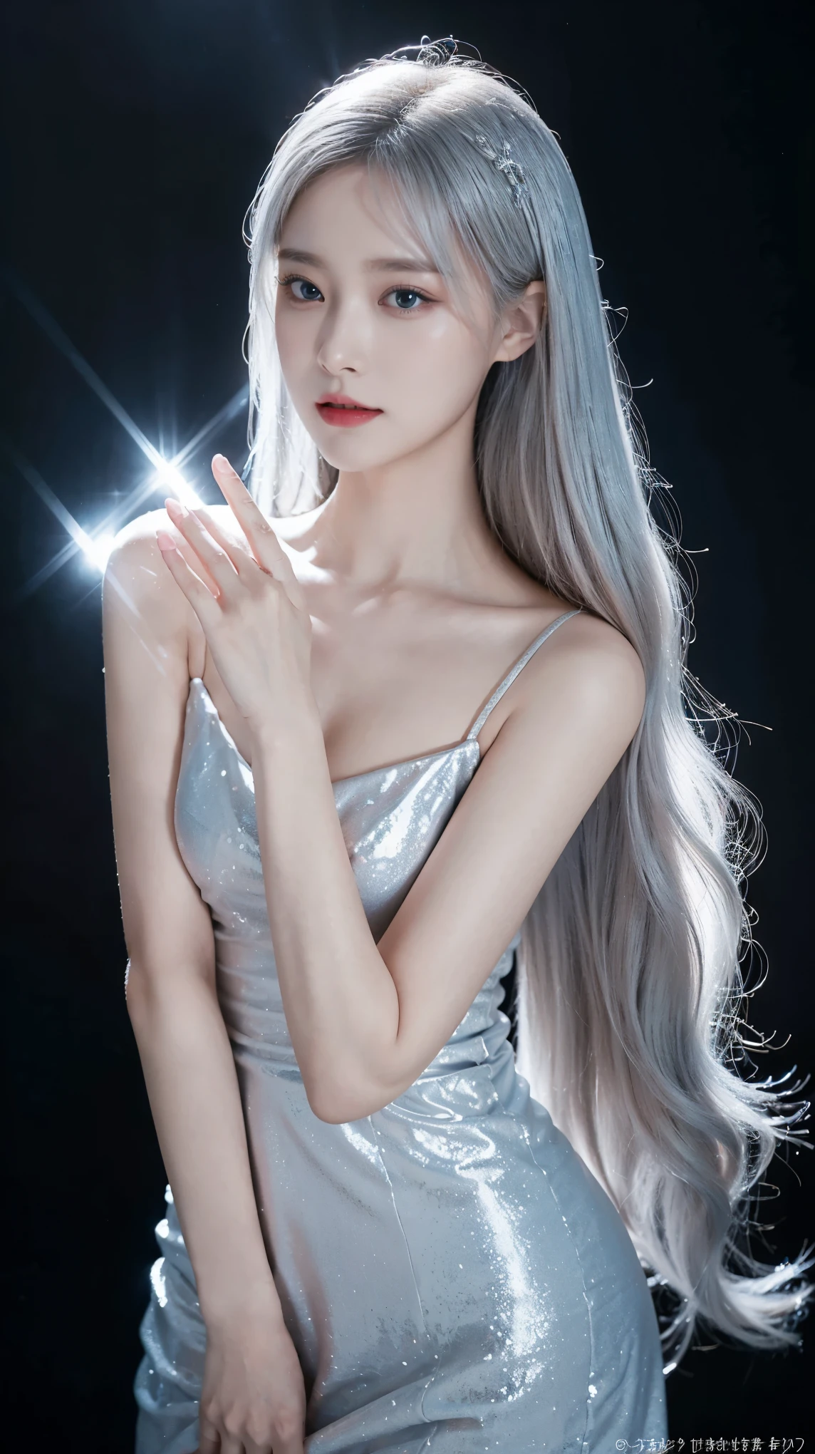 Generate a captivating image of a woman with flowing silver hair, cascading down her shoulders. Her Eyes, Fascinating shades of blue, Exudes warmth and depth. She is wearing an elegant yet modern white gown.、It flatters her figure beautifully.。, Exquisite detail and subtle sparkle.
Photograph her in poses that reflect both grace and confidence, Enhance visual effects with cinema lighting. Use modern 2D design for the background, Create beautiful, balanced compositions.
Enhance the scene with elements such as depth of field, bloom effect, And a touch of sparkle, Add a dreamy texture to the overall image. Pay close attention to detail, Secure her outfit, hair, Expressions blend seamlessly, It perfectly embodies a woman who exudes timeless beauty and contemporary elegance.。.