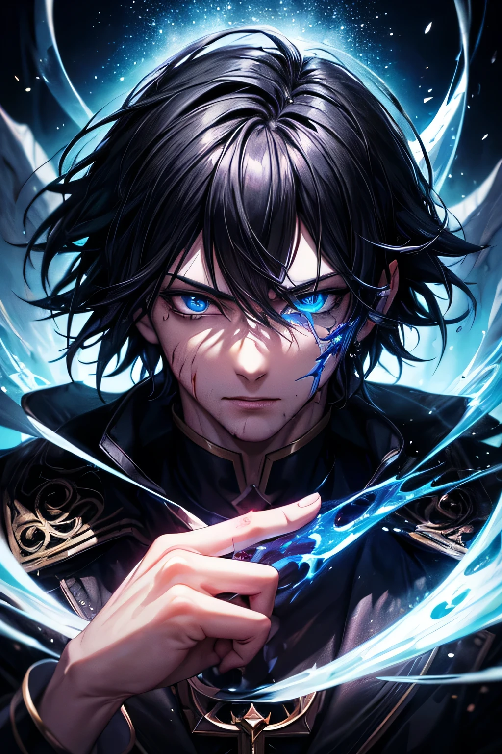 (masterpiece:1.2、highest quality), (Exquisite eyes: 1.2), (Detailed Background、Dark fantasy), (handsome detailed face), High Contrast, (Best lighting、Very delicate and handsome), ((Cinema Lighting) )), colorful, Hyper Detail, Dramatic Light, Intricate details, (1boy, solo, black short hair, Sharp Face, blue eyes, Hair between the eyes, Dynamic Angle), (Blood splatter:1.4), Black light swirling around the character, Depth of written boundary, black light particles, Nightcore, black magician, Spectacular anime style, gojo satoru, zerochan art, Anime Wallpaper, Burning, High quality anime art style, Key Anime Art