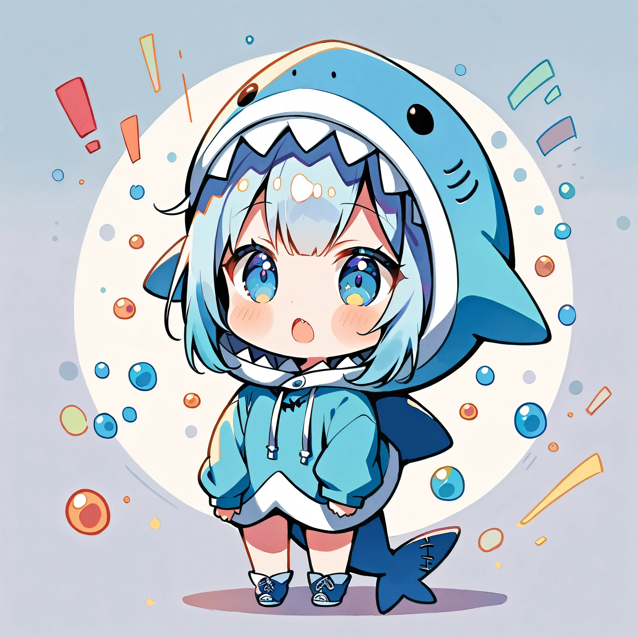 (masterpiece:1.2), (((1 Girl))), ((Chibi, Full body image))), ((Shark costume, Cute Shark Girl:1.2)), watercolor, Simple illustration, Bubble shower, Colorful water bubbles,