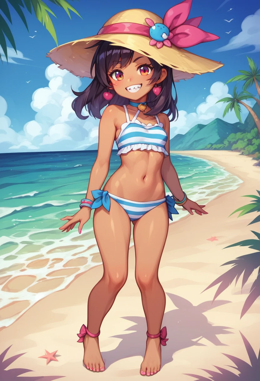 (masterpiece), best quality, age girl in cute shark doll costume, standing,with open hands and feet, baring teeth and grinning at the camera, on the beach, with the beach in the background