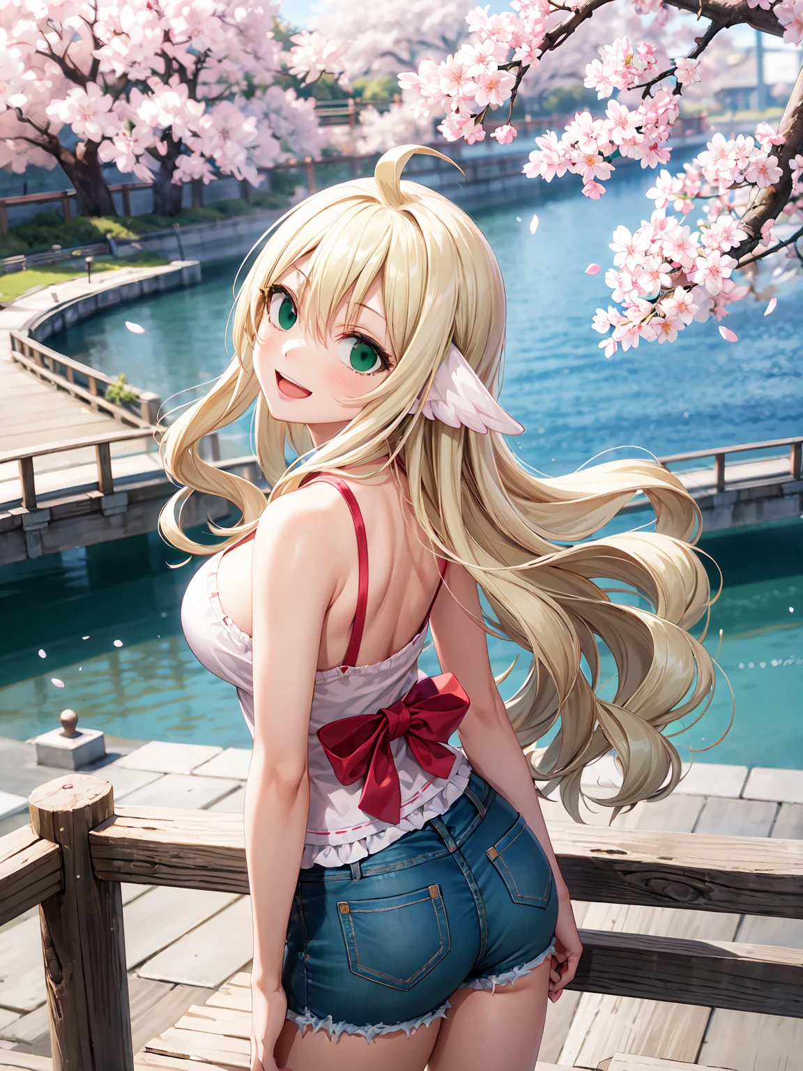 Masterpiece ,best quality , high resolution , (1 girl solo:1.38) , (mavis , long hair, blonde hair, (green eyes:1.5), ahoge, wavy hair) , (cleavage:1.2) , (medium breast:1.28) , (wear top tank , denim_micro short , , short short , strong wind , big wing , head tilt ) , (cleavage:1.15) , (big breast:1.1) , (face view , back view , looking back , from behind , look at view , smile , open mouth) , (standing) , (outdoor, river beside , on bridge , japaness bridge , street , cherry blossoms , cherry tree)