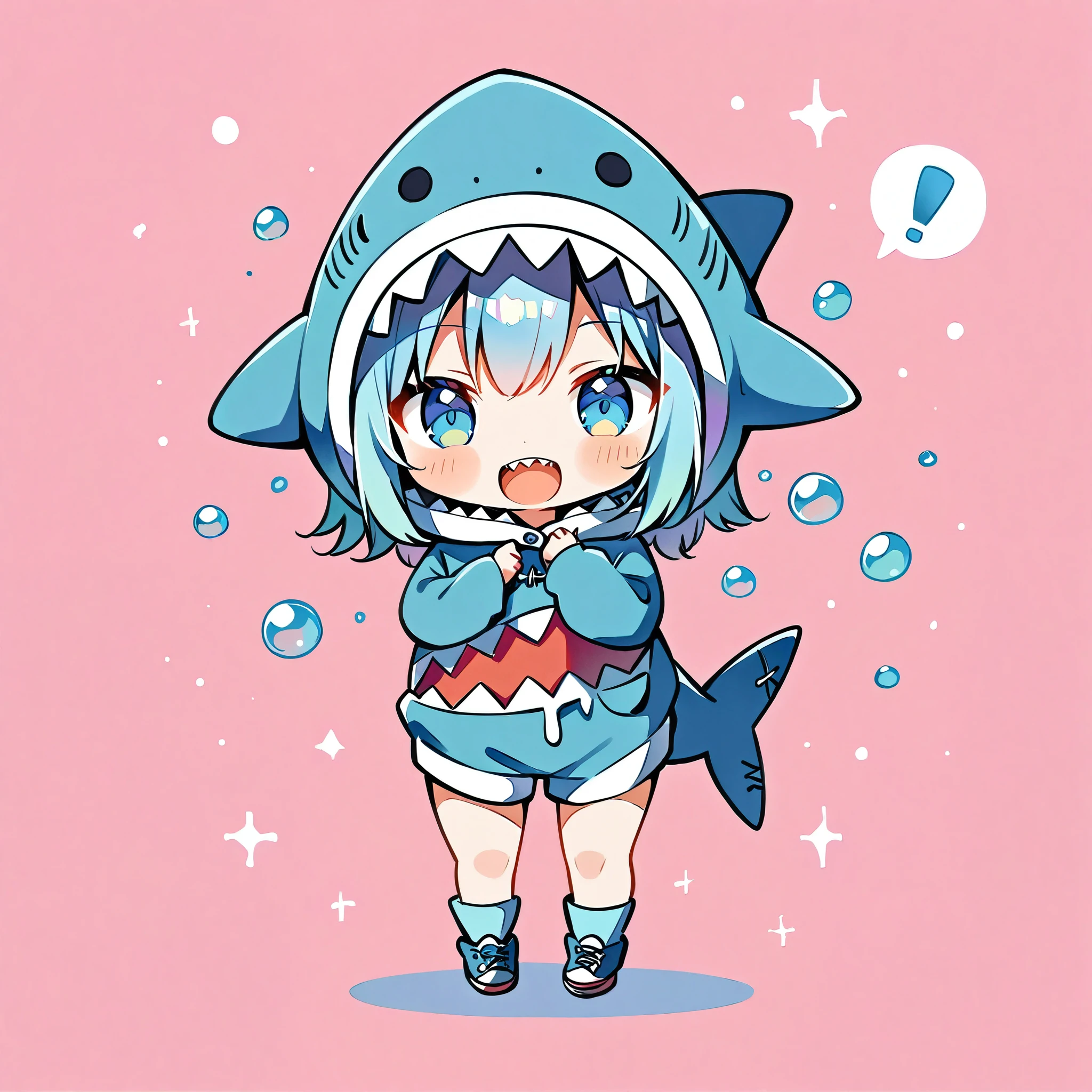 (masterpiece:1.2), (((1 Girl))), ((Chibi, Full body image))), ((Shark costume, Cute Shark Girl:1.2)), watercolor, Simple illustration, Bubble shower, Colorful water bubbles,