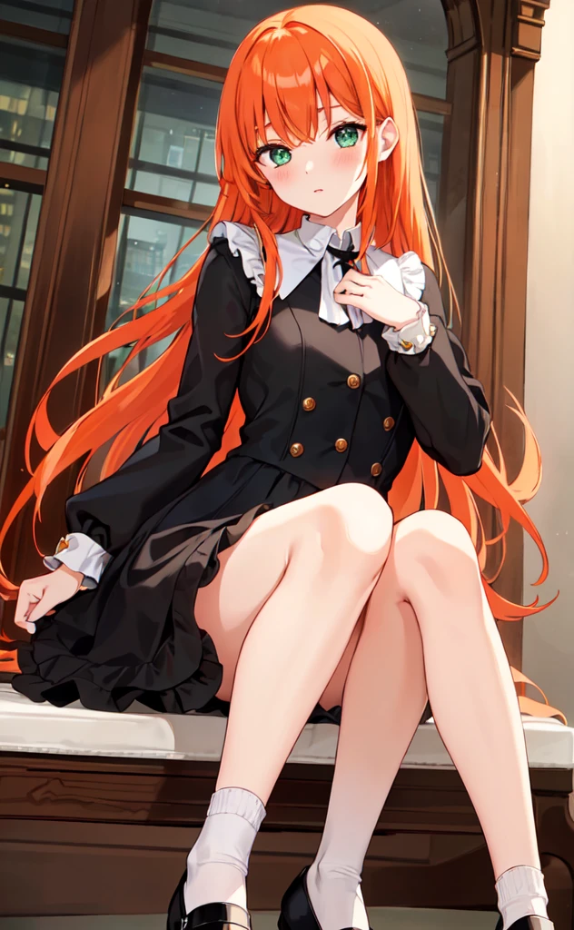 (best quality,high resolution,Beautiful and delicate eyes,White lighting:1.2),Green Eyes, Looking at the audience, Long hair, Orange Hair,leather shoes, Black footwear,White socks, blush, Long sleeve, Bangs, Black Hair, Orange Hair, Ruffles,