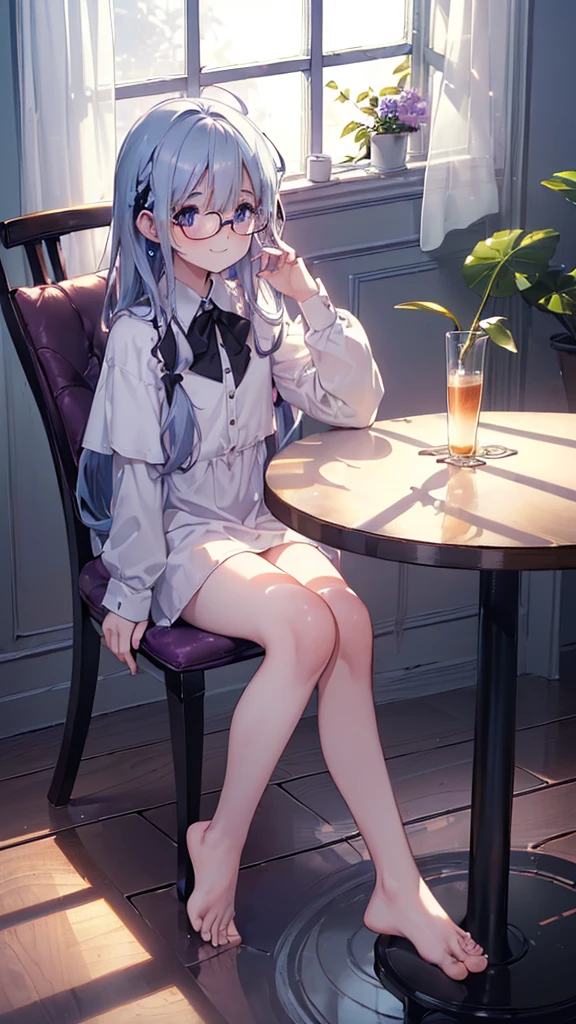 (flat:1.5),(cafe, window, sunlight, table, chair, sedentary:1.5) (BIG ASS, thick thighs:0.7), (warm light source:1.2), intricate details, volumetric lighting, Realism BREAK(masterpiece:1.2), (top quality), 4K, ultra detail, (Dynamic configuration:1.4), Very detailed and colorful details,(rainbow colors:1.2), (shining lights, atmospheric lighting), dreamy, magical, (alone:1.2), intricate details, cheeky expression, (big bust:1.5), (Black eyes with a slight purple tint:1.5), (a devastated expression, dead eyes, dark atmosphere:1.5), (Very white and long hair with a bluish tint, weak perm:1.5), (oversized white shirt:1.5), (bare foot, round-rimmed glasses:1.5), (chubby:1.1), (smiling faintly:1.5),(human ear,thin legs:1.5),(chair에 sedentary, diagonal shot:1.5), (I&#39;m putting my hands behind my back:1.5)
