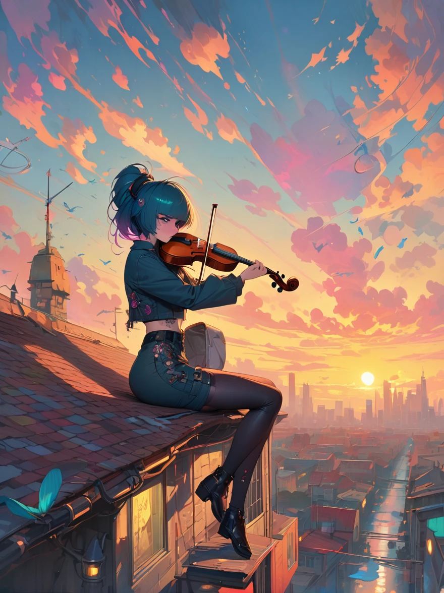Soulful musician playing the violin on a rooftop at sunset, Musical score, Note, Reflexive, City skyline, Dramatic sunset, Surrealist oil painting by James Jean, Van Gogh, Mark Ryden, Robbie Trevino, Pop Cyberpunk Steampunk Flowerpunk, Atompunk, Cinematic, wallpaper