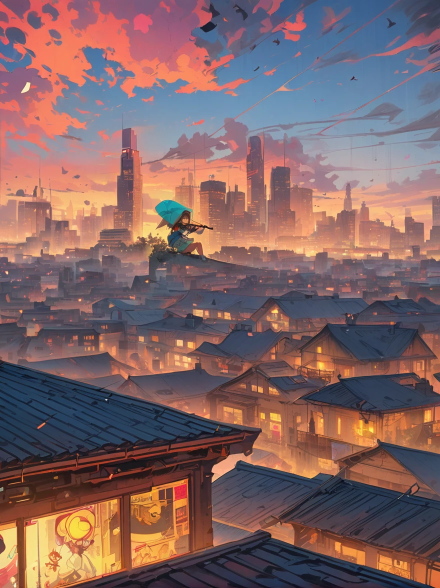 Soulful musician playing the violin on a rooftop at sunset, Musical score, Note, Reflexive, City skyline, Dramatic sunset, Surrealist oil painting by James Jean, Van Gogh, Mark Ryden, Robbie Trevino, Pop Cyberpunk Steampunk Flowerpunk, Atompunk, Cinematic, wallpaper