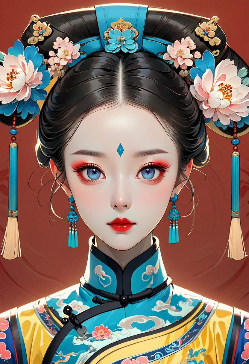 Makeup for Qing Dynasty Palace Drama,Thick coating of the board,Colored pencils,Procreate board drawing beautiful digital art,Clean lines,Beautiful Chinese Qing Dynasty Princess,Bright Eyes,Exquisite facial features,(((Qing Dynasty flag head))),symmetry,Delicate hair,Qing Dynasty Clothing,Clean background,Bright colors,High Saturation