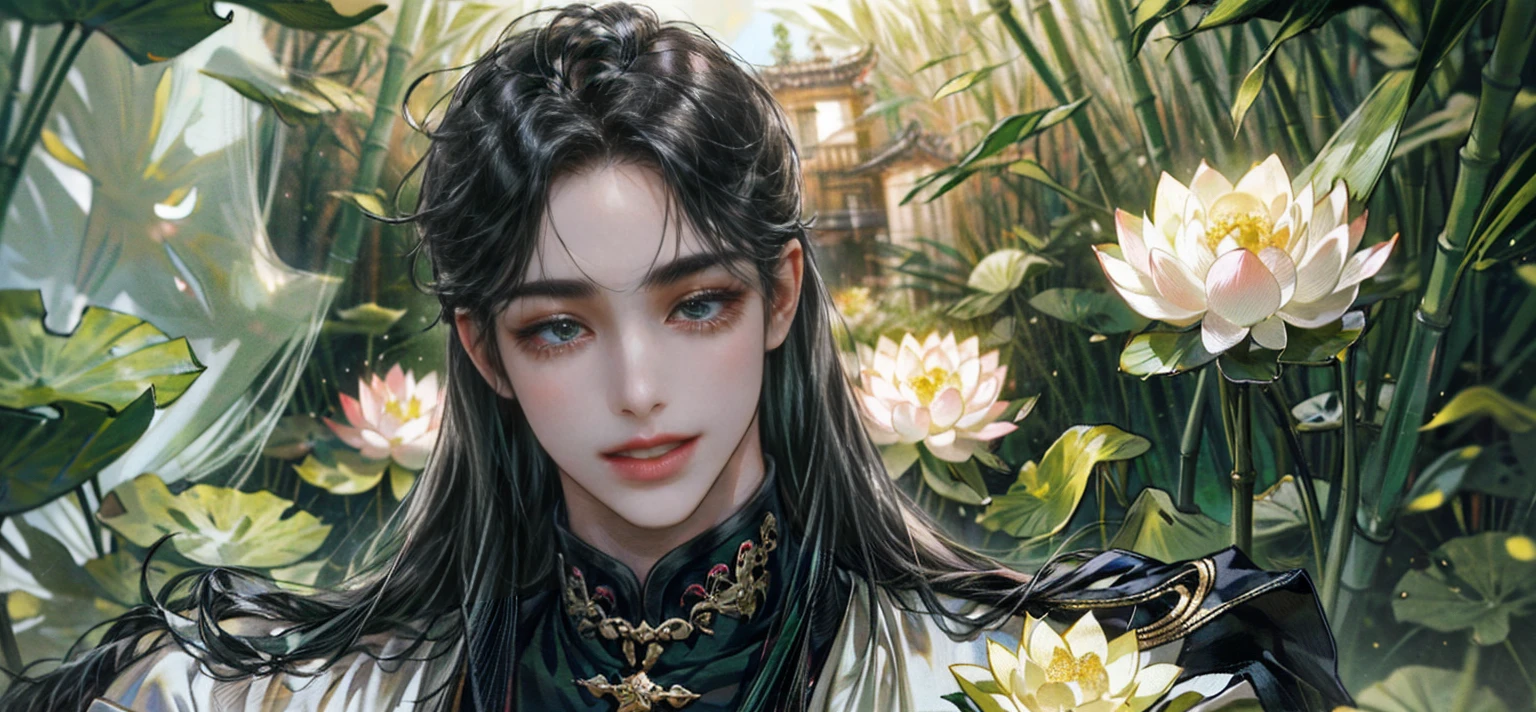extraordinarily beautiful youth, a bright, innocent smile,All green clothing,(absurdres, highres, ultra detailed, HDR), masterpiece, best quality, (1 boy) , boy character ,((Thick black long hair)),beautiful face,detailed interior, detailed character,((man)),(lotus Flowers in bamboo forest), black hair,he smile,(white lotus), house of China in bamboo Forest , beautiful and cute man ,(long black hair),black eyes,((solo man)),(he has a Big eyes, charming lips, slim nose and small face),(slim figures and no muscle),thin boy,slim body, slim figures  ,very long hair,( black eyes)