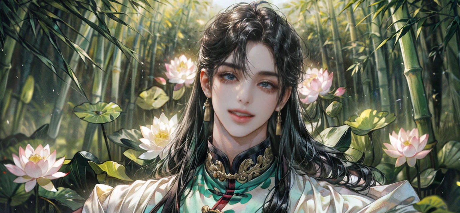 extraordinarily beautiful youth, a bright, innocent smile,All green clothing,(absurdres, highres, ultra detailed, HDR), masterpiece, best quality, (1 boy) , boy character ,((Thick black long hair)),beautiful face,detailed interior, detailed character,((man)),(lotus Flowers in bamboo forest), black hair,he smile,(white lotus), house of China in bamboo Forest , beautiful and cute man ,(long black hair),black eyes,((solo man)),(he has a Big eyes, charming lips, slim nose and small face),(slim figures and no muscle),thin boy,slim body, slim figures  ,very long hair,( black eyes)