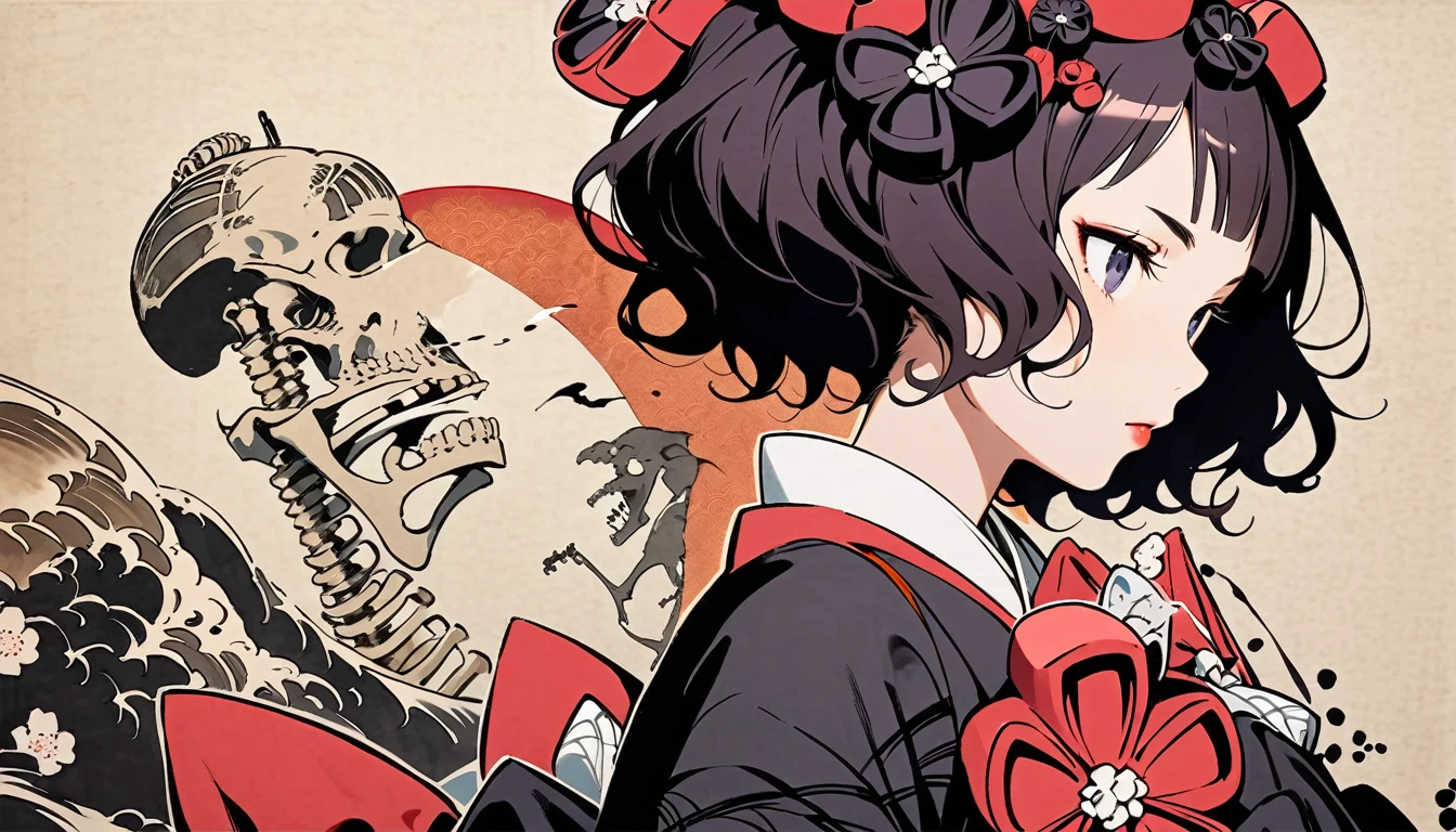 (((Katsushika Hokusai))), (((Ink Painting))), ((Skeleton)), Japanese style headphones, Delicate and precise, Modern ukiyo-e style