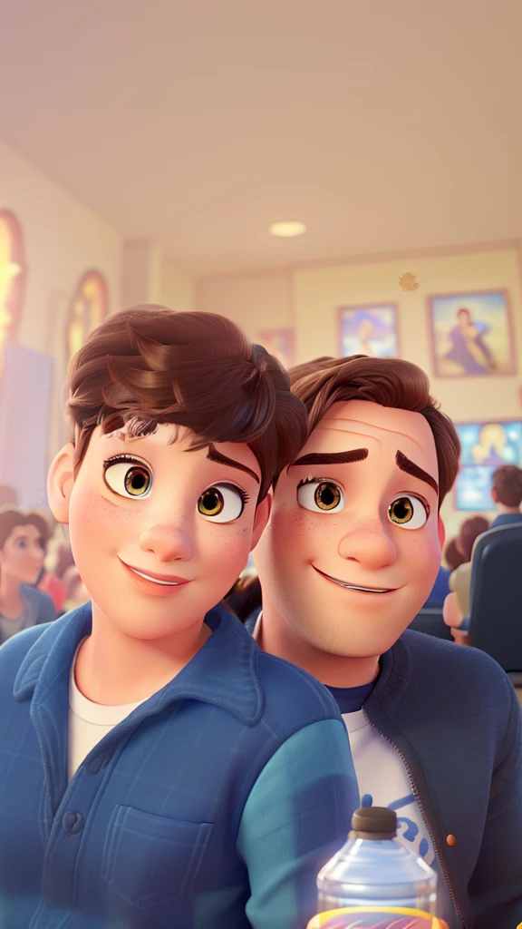(best quality,highres,masterpiece:1.2), Disney Pixar style couple in a theater, ultra-detailed, (realistic,photorealistic,photo-realistic:1.37), vibrant colors, theatrical lighting