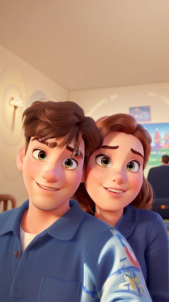 (best quality,highres,masterpiece:1.2), Disney Pixar style couple in a theater, ultra-detailed, (realistic,photorealistic,photo-realistic:1.37), vibrant colors, theatrical lighting