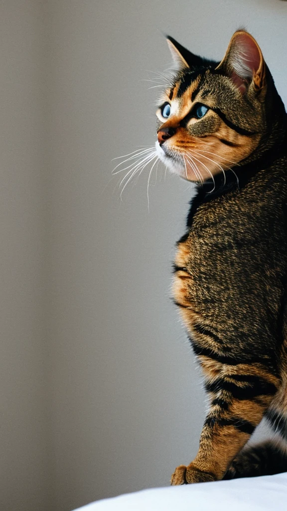 A cat crying with tears streaming down its face, lying on a bed