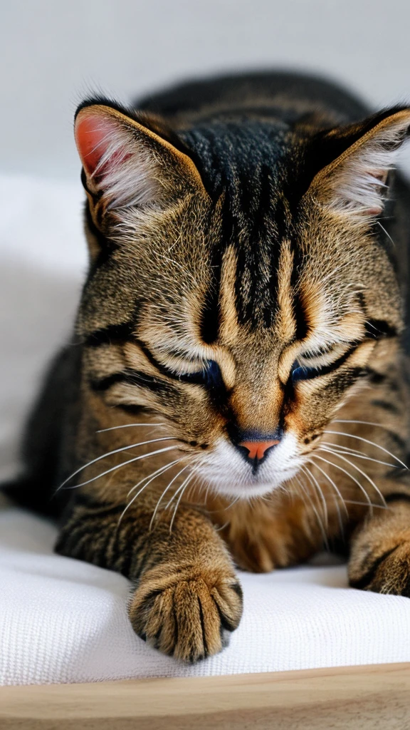 A cat crying with tears streaming down its face, lying on a bed