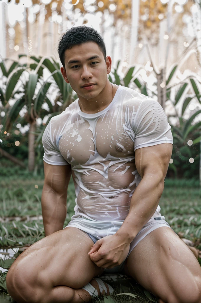 独奏 , 1 person sitting on the floor , Picture of a handsome Asian rugby player with short hair, no beard, muscular body, big muscles, wearing a wet white round neck t-shirt, outdoors, countryside. (field:1.2), Thailand ,(bokeh background:1.5)