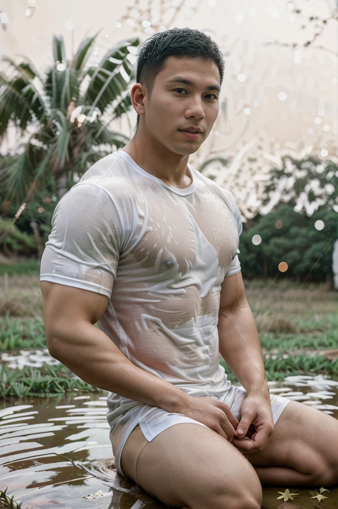 独奏 , 1 person sitting on the floor , Picture of a handsome Asian rugby player with short hair, no beard, muscular body, big muscles, wearing a wet white round neck t-shirt, outdoors, countryside. (field:1.2), Thailand ,(bokeh background:1.5)