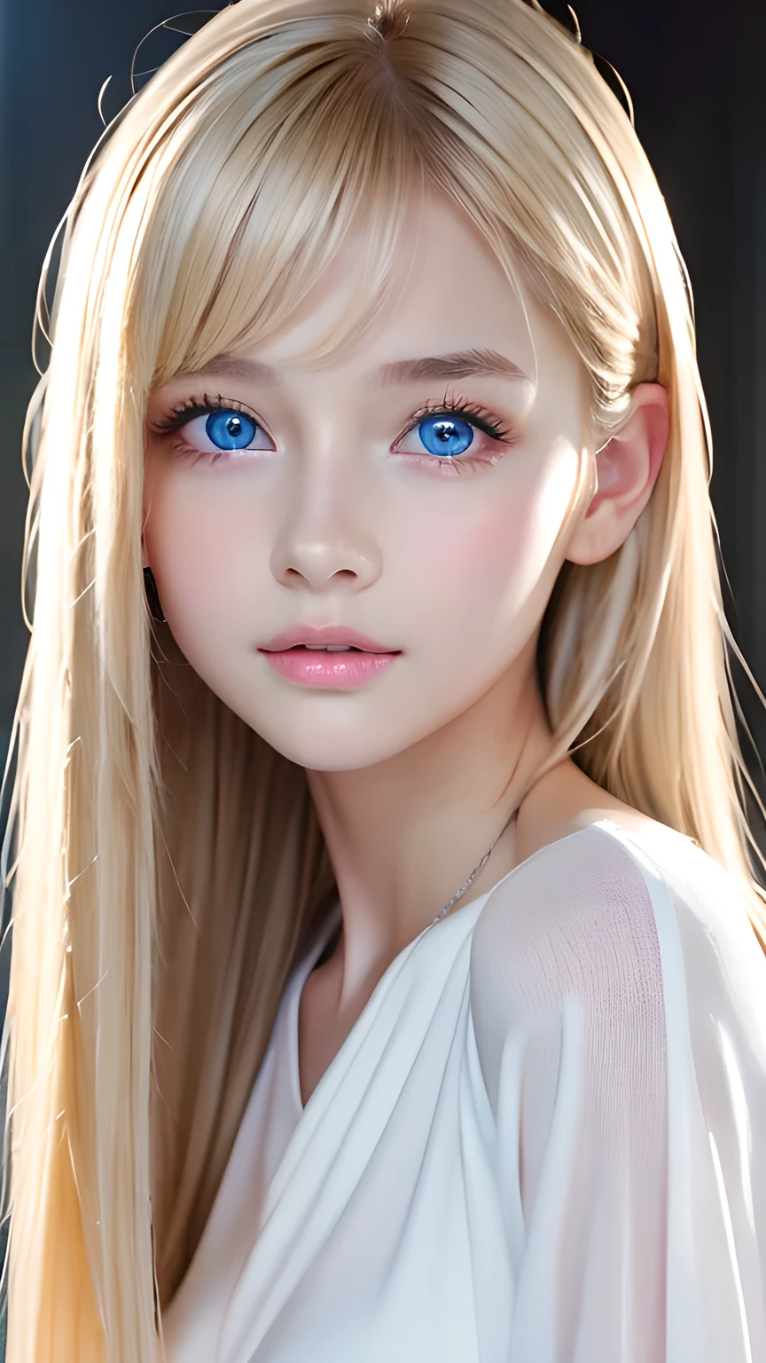 Highest quality、masterpiece、(Realistic:1.4)、One very beautiful blonde girl、Dazzlingly long, super long straight silky platinum blonde、Bangs between the eyes、bangs on the face、Big, very bright light blue eyes that shine so beautifully、Very big eyes、front、Detailed face、Beautiful Eyes、Very white and bright, beautiful skin、Small Face Beauty、14 year old beautiful girl、Cheek gloss highlighter、Round face