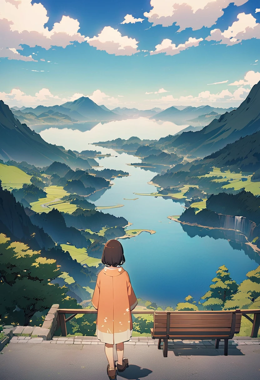 Anime scenery with a bench overlooking the water and mountains, Japanese anime scenery, Beautiful Japanese anime scenery, Beautiful anime scene, makoto shinkai's style, Anime Background, Japanese girl, alone,, Beautiful peaceful scene in anime, makoto shinkai. —h 2160, In the style of Makoto Shinkai, Anime Background Art, ( ( makoto shinkai ) )