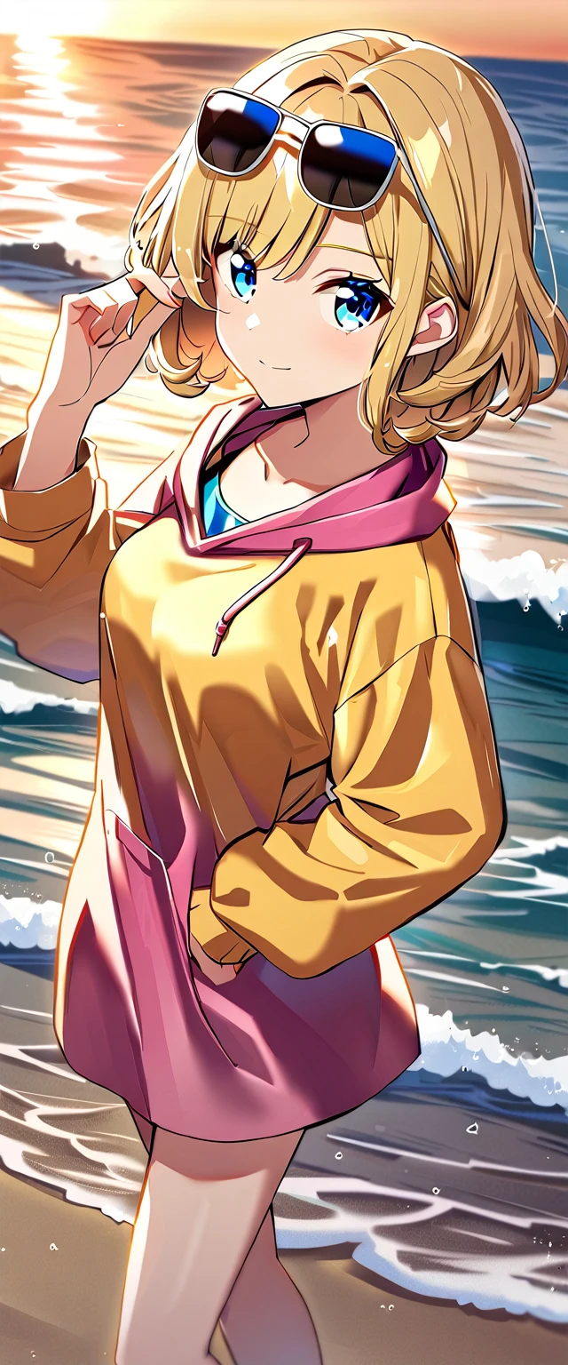 ((sea, beach)), bare legs, 崖の上に座っている, ((from above)), (((sunglasses, hand to sunglasses))), (((cowboy shot))), ((wavy hair, inward curled hair)), evening, ((Sunset)), ((blond hair, bob cut:1.3)), breasts, teenager, (looking at viewer), oversized clothes, puffy long sleeves, ((off-shoulder sweater:1.3, Quite thick shoulder straps)), ((black sweater)), collarbone, head tilt:1.3, (((blue eyes))), ((happy smile)), (((anime style))), (best quality, 4K, 8K, highres, masterpiece:1.2, ultra-detailed, ultra-detailed eyes, HDR, uhd, studio lighting, ultra-fine painting, sharp focus, physically-based rendering, extreme detail description, professional, vivid colors, bokeh)