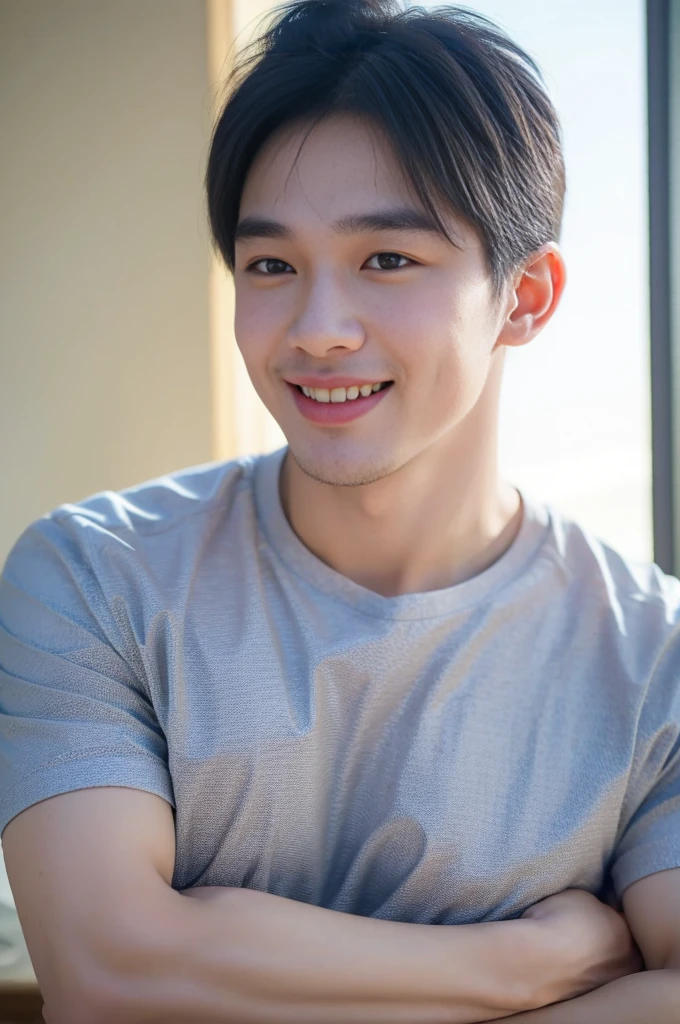 ((Highest quality, 8K, Masterpiece: 1.3))、Thailand Laos Burma Asia, Thai man, A handsome Asian rugby player with short hair, a muscular beard, and big muscles., 1A man who has、 yo、Good appearance、Beautiful nose、smile、 Detailed eyes and face、beautiful light、(studio)、high resolution、(Look at the viewer.)、Fine mouth、smile、whole body: 1.5, perfect shape: 1.3, Picture of both shoulders:1.3, Navy blue round neck t-shirt:1.5