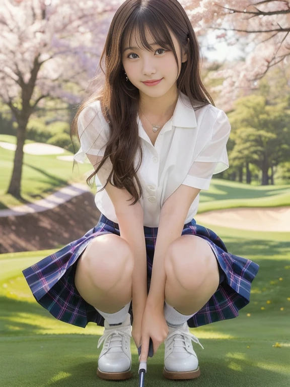 Photo-realistic quality、A woman in a white blouse is holding a golf club, Japanese girls uniform, Cute school girl, Realistic young gravure idol, Young and cute gravure idol, High school girl posing, Surreal , Young and skinny gravure idol,Girl wearing short-sleeved blouse, Japanese Model、Sheer white blouse