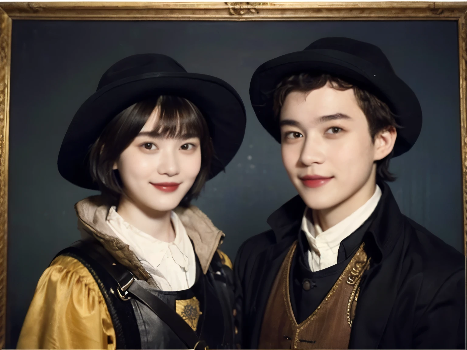 252 (An 18-year-old female and an 18-year-old male), (short hair),kind, lipstick, (Rembrandt-style painting), smile
