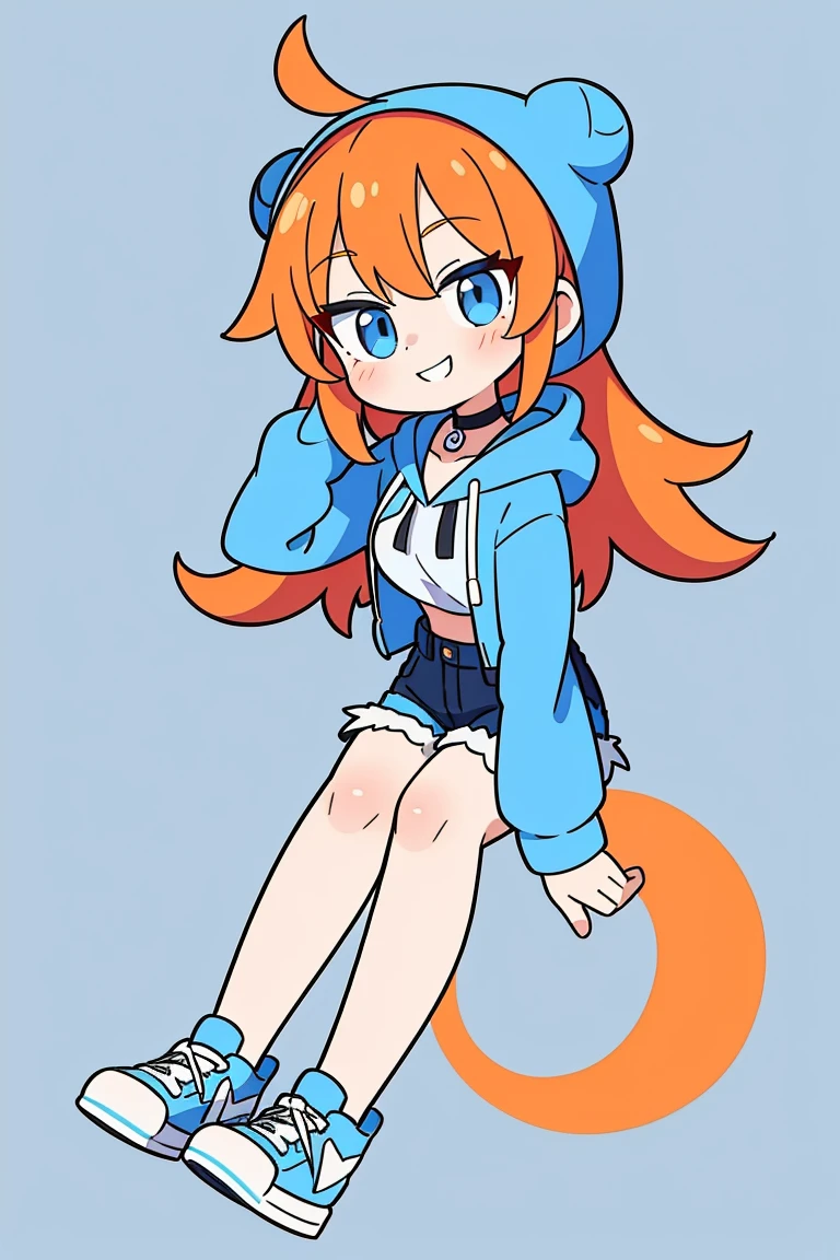 1girl, solo, orange hair, twin buns, blue eyes, eyeliner, light grin, medium breasts, white hoodie with light blue hood, black choker, denim shorts, light blue sneakers, frow below
